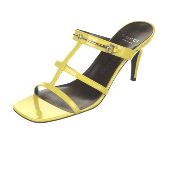 Gucci Regent Slim Horsebit 39/ US 9 Heel Sandals Lime Yellow Leather NIB - Picture 1 of 9